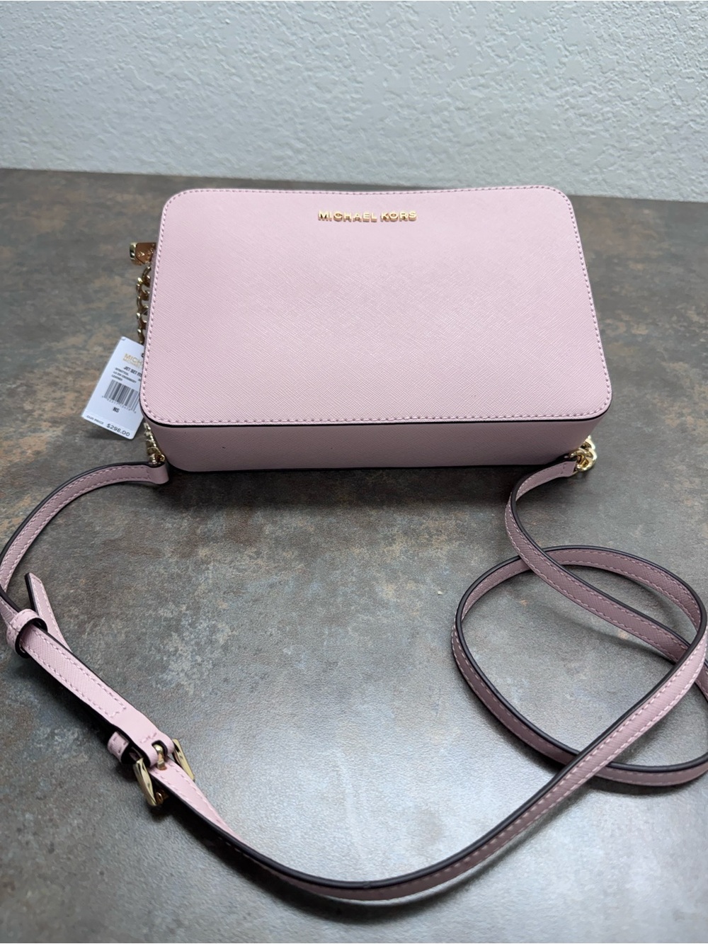Michael Kors Jet Set Pale Pink Saffiano Leather Crossbody with Gold Hardware
